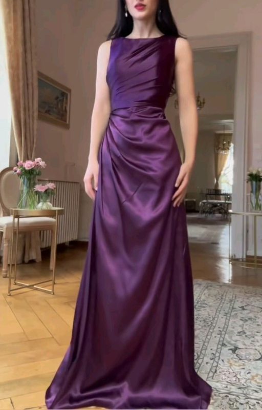 Vintage Purple Satin Pleated Mermaid Party Dress Long Wedding Guest Dress SP763