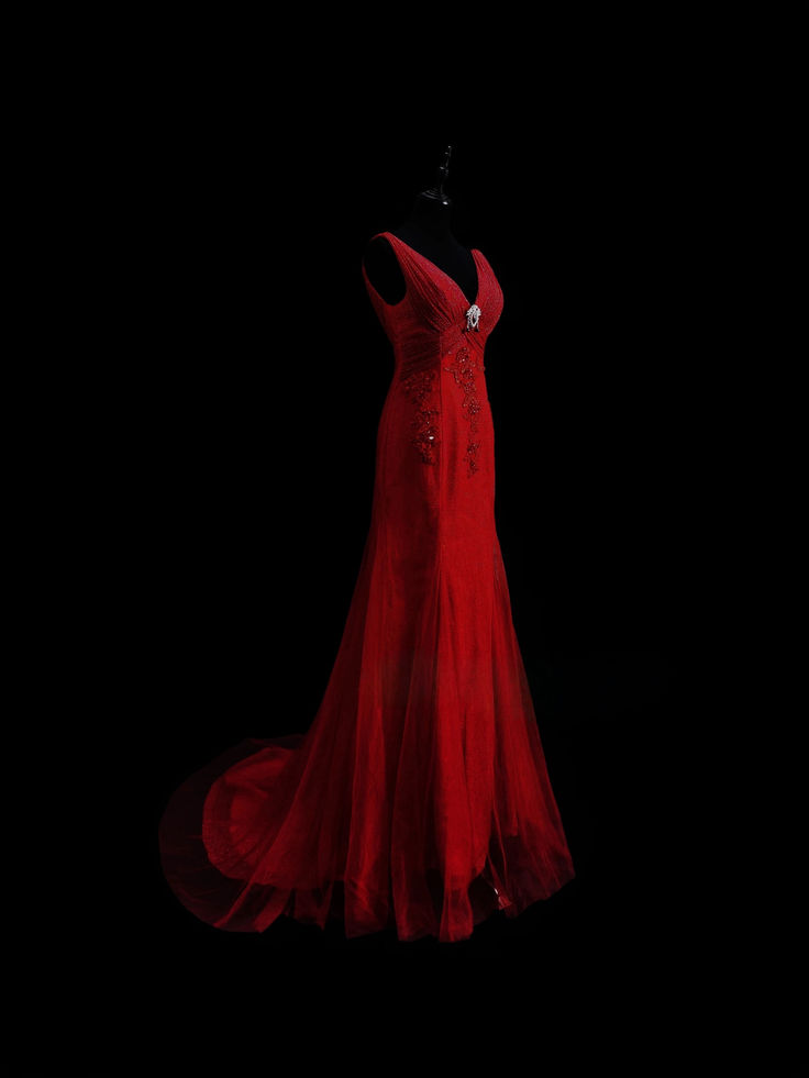 Classy V Neck Red Satin Tulle Long Mermaid Evening Dress Prom Dress SP130