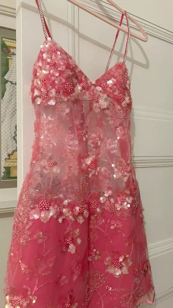 Pretty Spaghetti Straps Pink Sequin Short Birthday Outfits Graduation Homecoming Dress Y9754