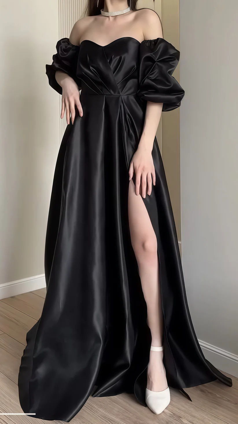 Elegant Black Off The Shoulder Sweetheart A-line Prom Dress With Bubble Sleeves,Slit Long Evening Dress Y8283