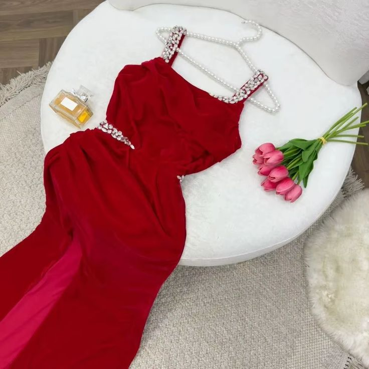 Charming Spaghetti Straps Red Satin Beads Slit Long Prom Dresses Mermaid Evening Dress SP1007