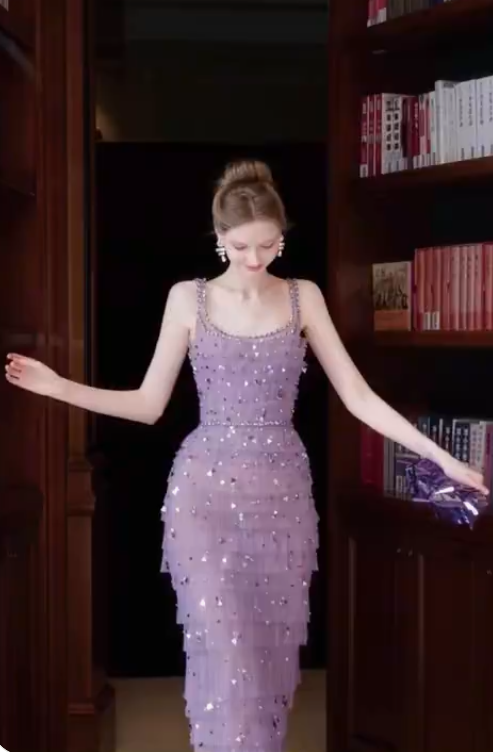 Sparkly Lilac Sequins Evening Dress,Long Tulle Layered Prom Dress Y8763