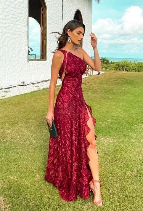 Elegant One Shoulder Red Lace Prom Evening Dresses with Slit Y5293 Simplepromdress Elegant One Shoulder Red Lace Prom Evening Dresses with Slit Y5293 Simplepromdress