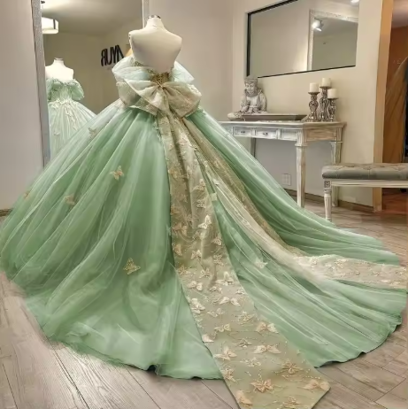 Stunning Green Tulle Princess Dress With Butterflies,Ball Gown,Sweet 15 Dress Y5462