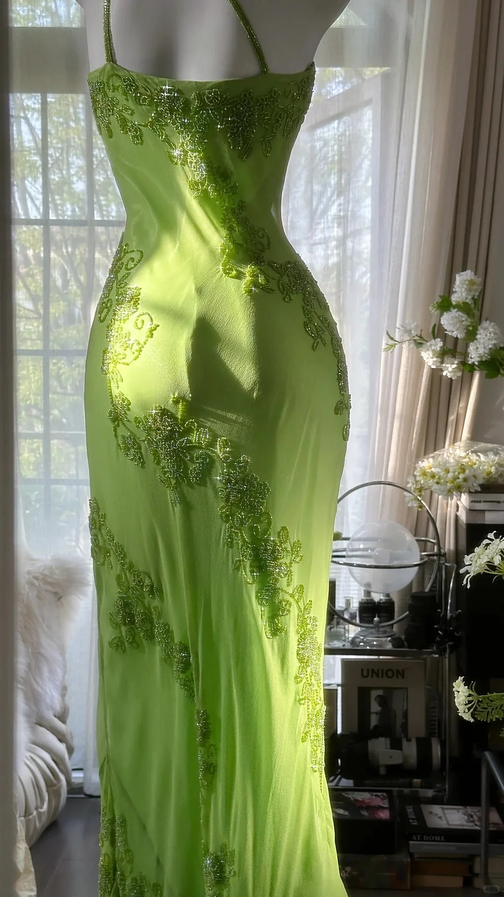 Fashion Green One Shoulder Chiffon Beaded Long Evening Dress Birthday Party Dress Y9793