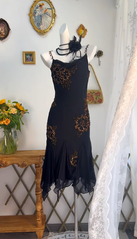 Pretty Spaghetti Straps Black Chiffon Beaded Long Prom Dress Birthday Party Gown Y9763