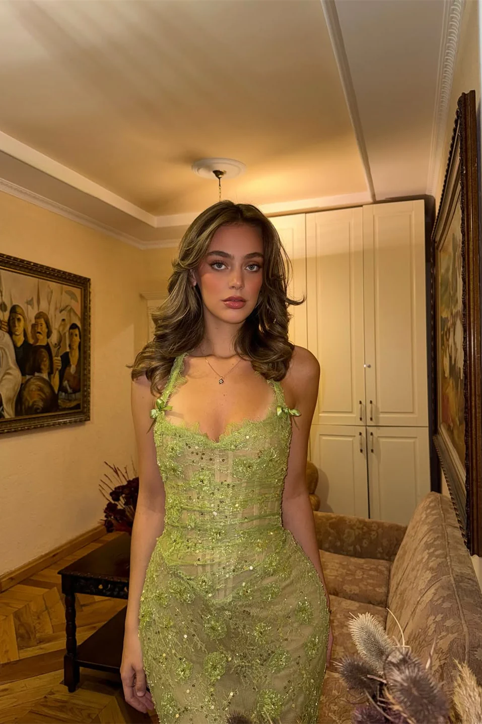 Sexy Halter Avocado Green Lace Sequin Mermaid Long Party Dress Birthday Prom Dresses SP1336