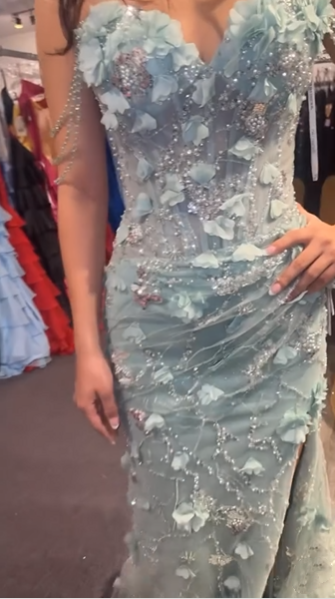 Elegant Green Tulle Applique Beaded Slit Prom Dress Long Mermaid Party Gown SP1320