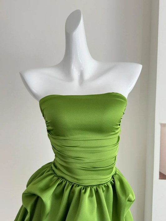 Sexy Green Strapless Satin Pleated A Line Graduation Homecoming Dress Short Cocktail Dress Y9195