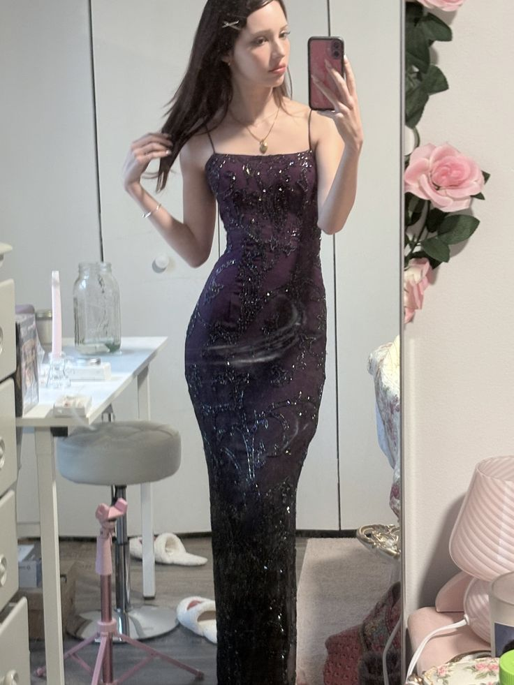 Gorgeous Spaghetti Straps Purple Satin Beaded Long Party Dress Birthday Prom Dress SP1373