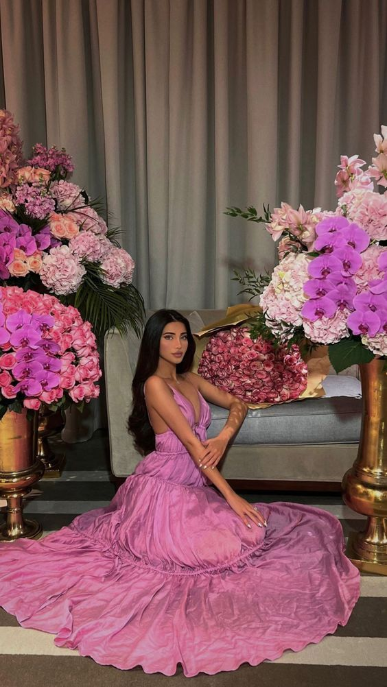 Sexy A line Rose Pink Prom Dress Long Birthday Outfits Y6445