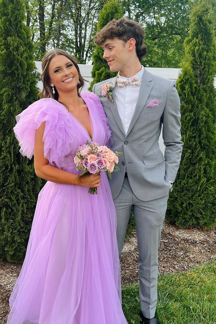 Flare Sleeves Light Purple Tulle Long Prom Dress Y6377 Simplepromdress Flare Sleeves Light Purple Tulle Long Prom Dress Y6377 Simplepromdress