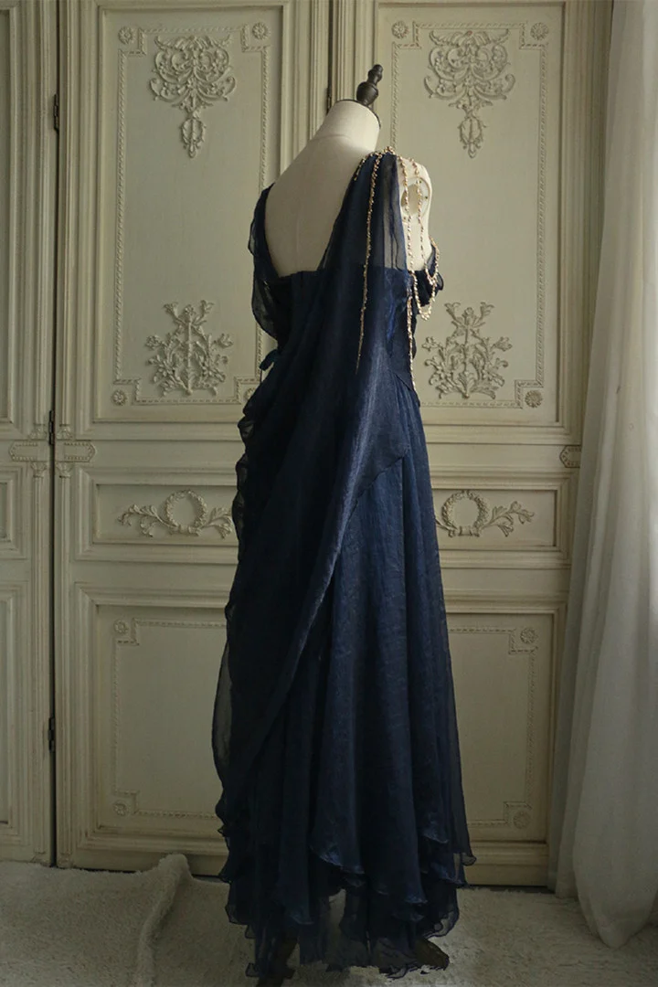 Vintage Navy Blue Chiffon A Line Prom Dress Evening Dress Y8292