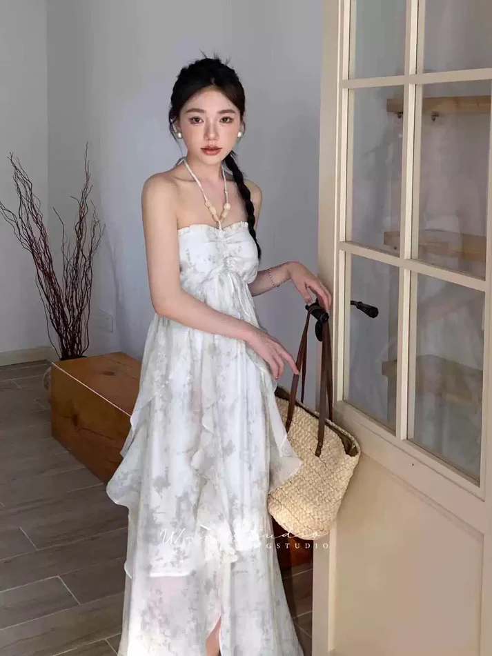 Classy Blue Halter A Line Ruffled Floral Long Party Dress Women's Vacation Dress Y9320