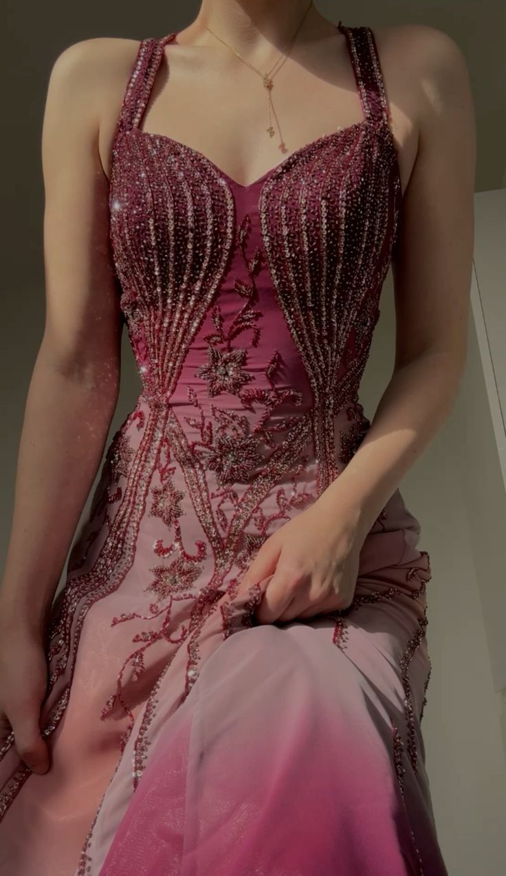 Elegant Ombre Pink Chiffon Beaded Mermaid Party Dress Long Prom Dresses SP808