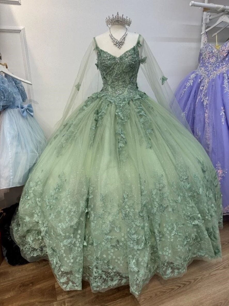 Sage Green 3D Butterfly Applique Cape Ball Gown Y2785 Simplepromdress Sage Green 3D Butterfly Applique Cape Ball Gown Y2785 Simplepromdress