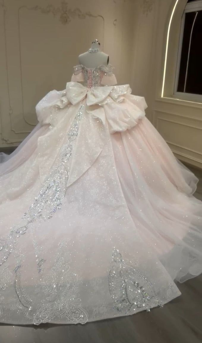 Gorgeous Pink Off The Shoulder Tulle Pleated Sequin Beaded Bridal Dress Long Wedding Dress With Bow SP574