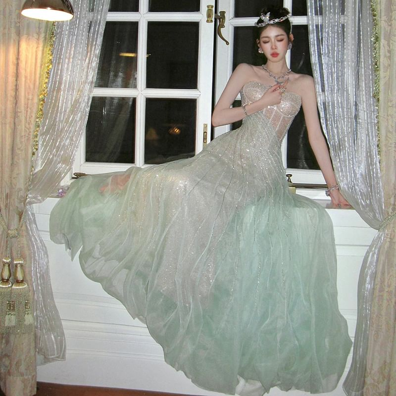 Gorgeous Strapless A Line Birthday Party Dress,Light Green Tulle Sequins Evening Dress Y8713