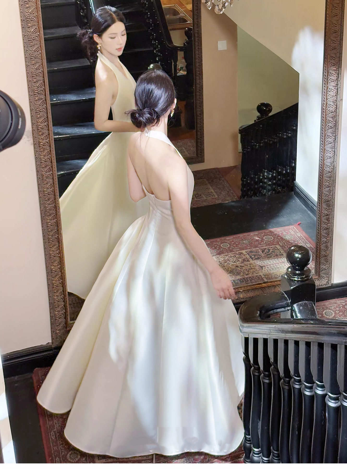 Fashion Halter V Neck Off White Satin A Line Long Wedding Guest Dress Formal Birthday Party Dress SP2013