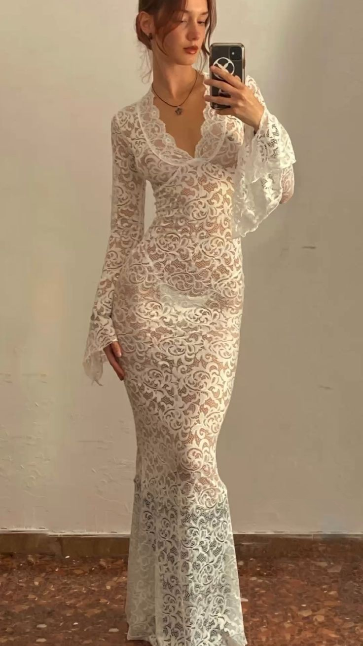 Elegant Lace See Through V-neck Maxi Sexy Dress,White Prom Dress Y4608