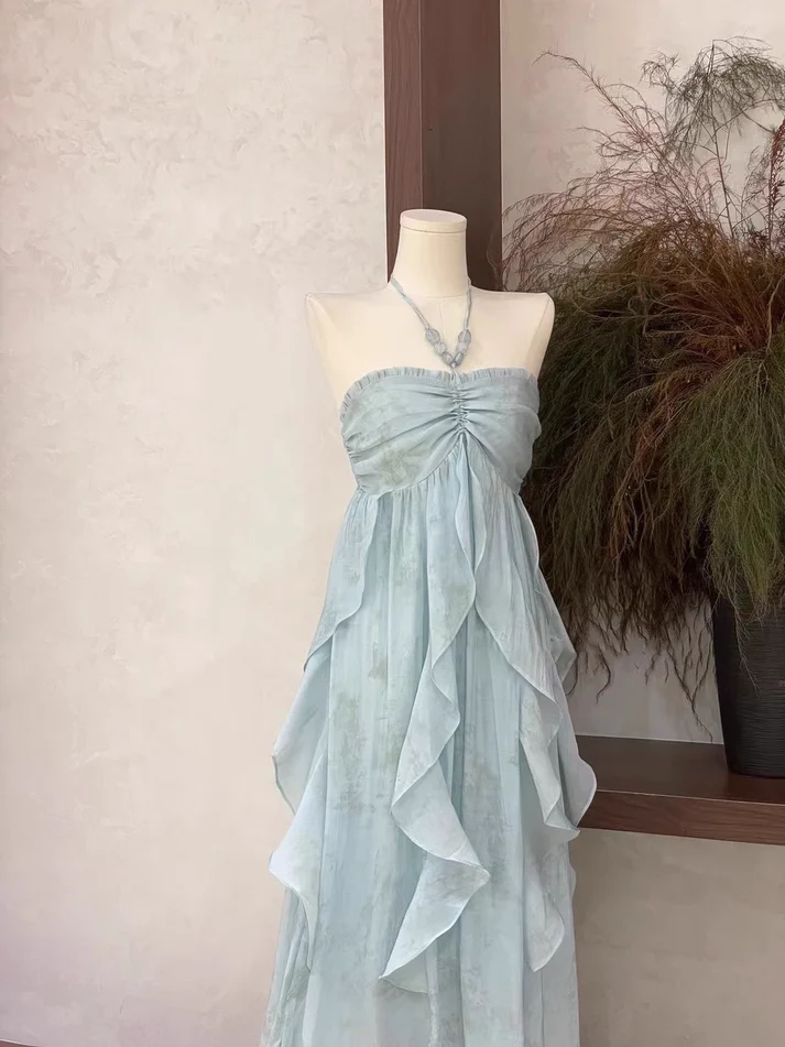 Classy Blue Halter A Line Ruffled Floral Long Party Dress Women's Vacation Dress Y9320