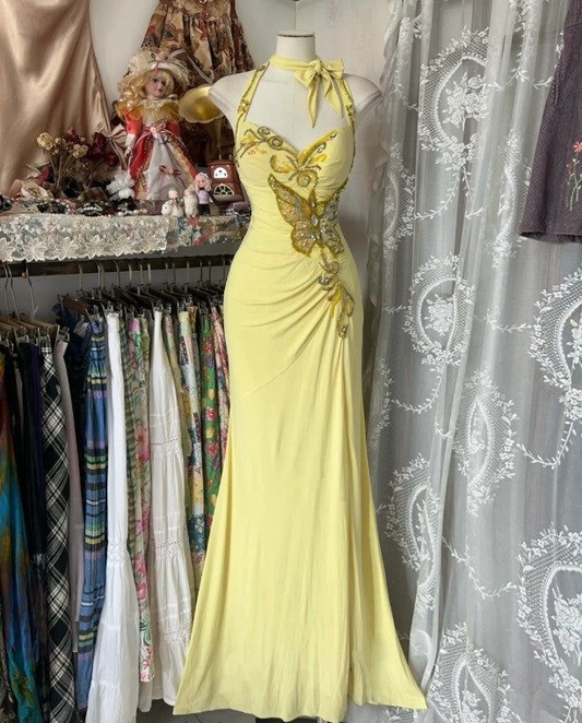 Elegant Yellow Mermaid Halter Neck Sequin Diamond Long Prom Dress,Backless Slit Evening Dress Y8554