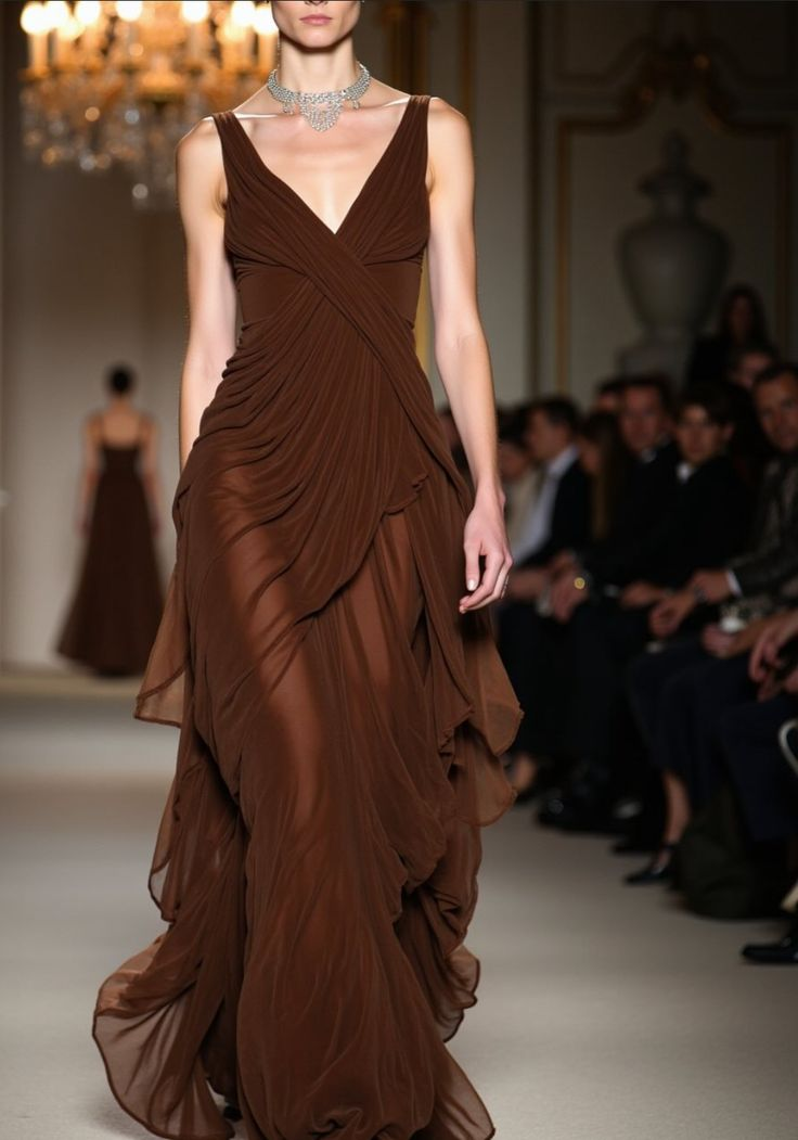 Vintage V Neck Brown Chiffon Mermaid Long Prom Dress Evening Gown SP1074