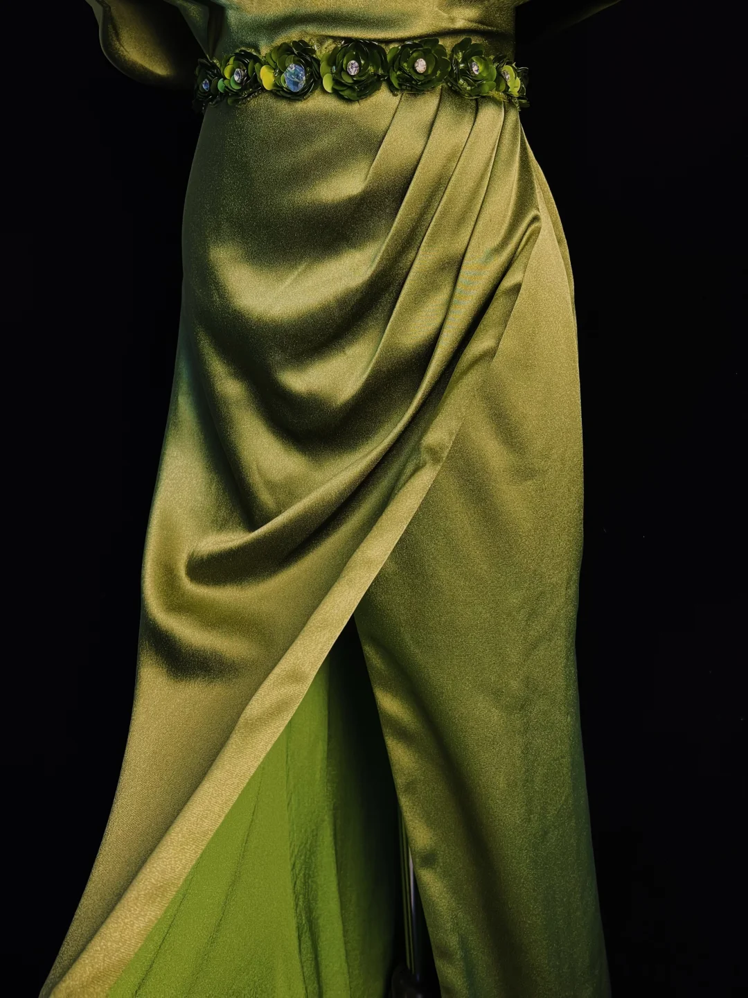 Classy Olive Green Satin Off The Shoulder Slit Prom Dress,Slit Mermaid Evening Dress Y8650