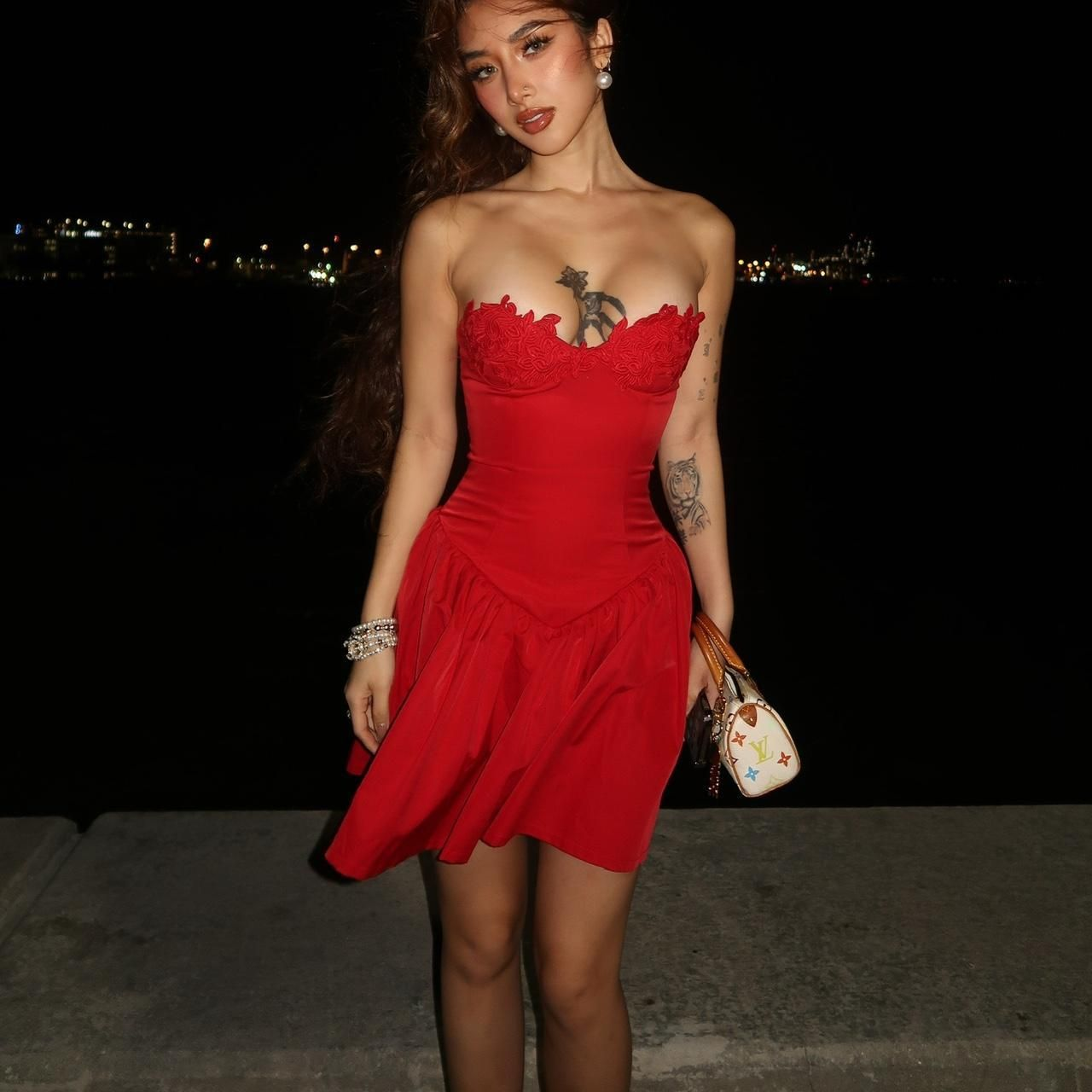 Elegant Strapless Red Satin Appliques A Line Short Homecoming Dress Formal 21st Birthday Outfits SP93