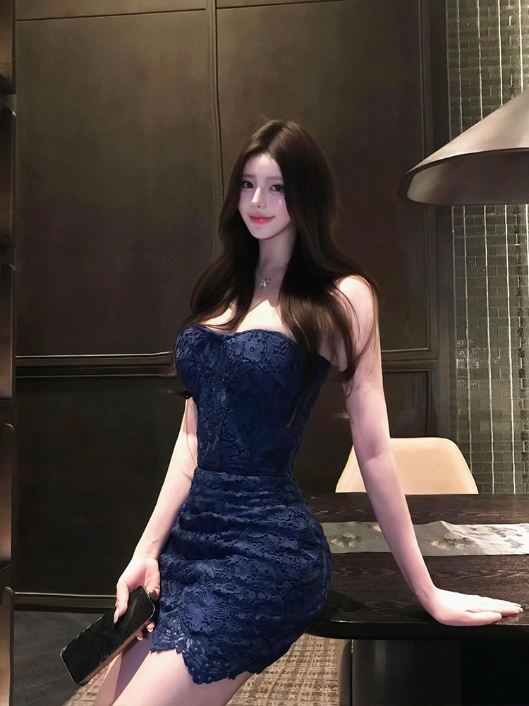 Vintage Navy Blue Strapless Lace Sheath Short Homecoming Dress 20th Birthday Outfits SP118