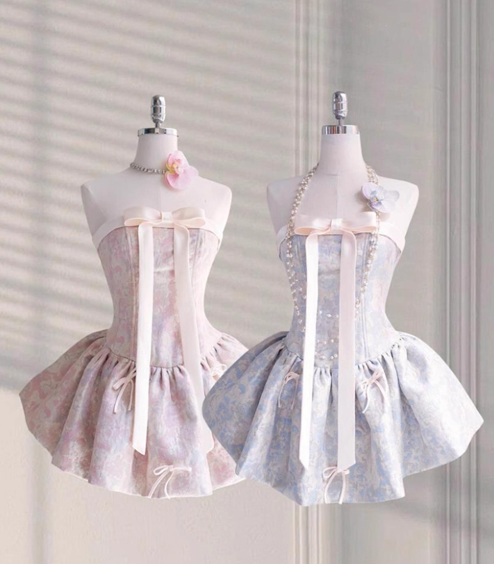 Sweet Pink Strapless Satin Print Floral Short A Line Formal Homecoming Dress Birthday Outfits Y9368