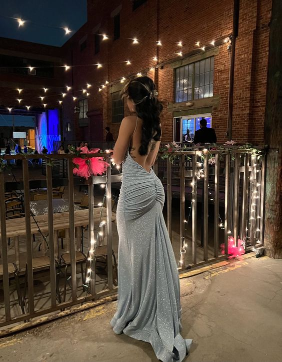 Sparkly Blue Backless Evening Dress,Blue Evening Gown Y7416