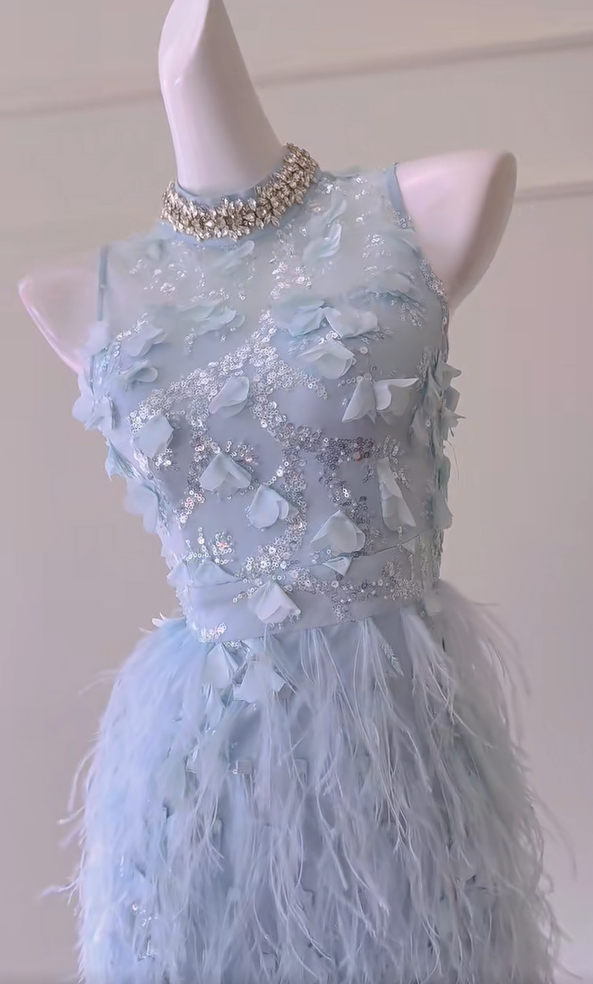 Classy Blue Sleeveless Sequin Feathers Mini Birthday Outfits Sheath Homecoming Dress Y8980