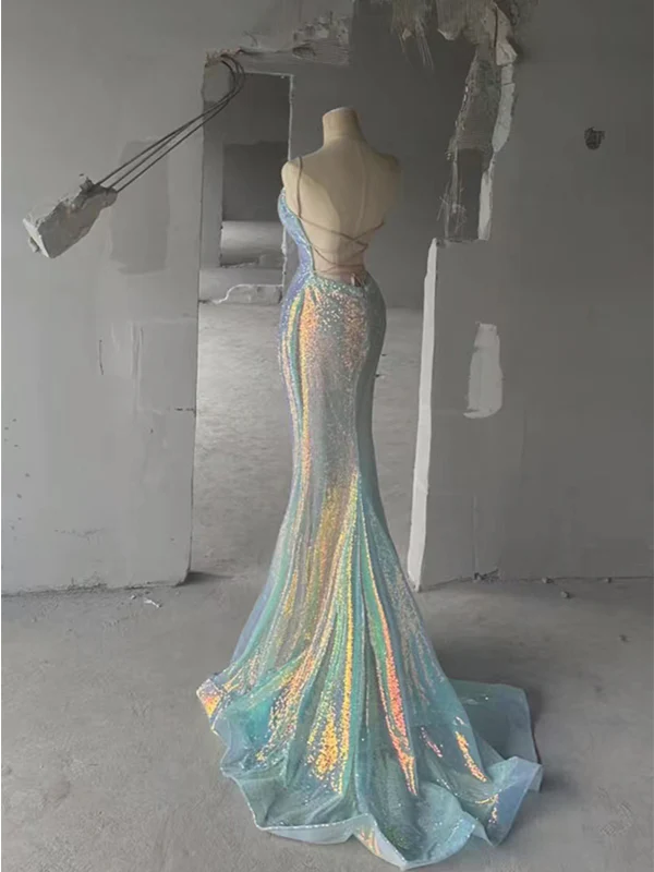 Sparkly Spaghetti Straps Sequins Mermaid V-neck Backless Long Prom Dresses Evening Dresses Y7804