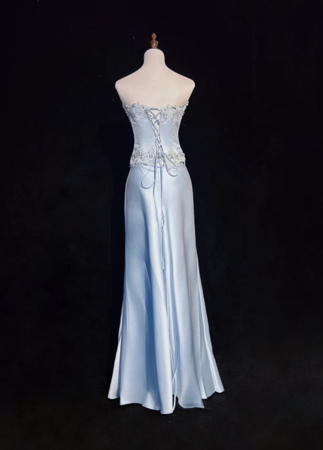 Classy Light Blue Strapless Satin Mermaid Long Wedding Guest Dress Formal Birthday Evening Dress SP1390