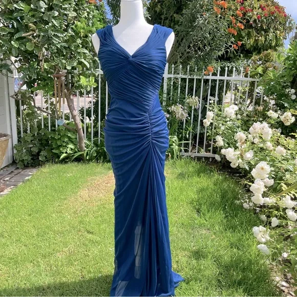 Vintage Mermaid Navy Blue Pleated Floor Length Party Dress Prom Dress Y8760