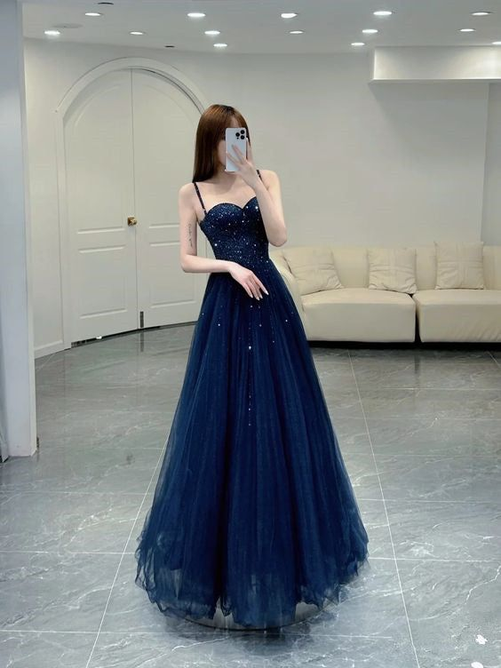 Elegant A line Straps Tulle Navy Blue Prom Dresses Formal Evening Dres Simplepromdress Elegant A line Straps Tulle Navy Blue Prom Dresses Formal Evening Dres Simplepromdress