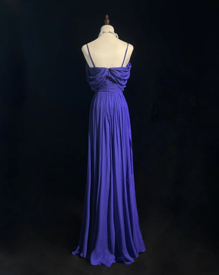 Classy Purple Spaghetti Straps Chiffon Pleated Beaded Long Party Dress Formal Wedding Guest Dress SP1865