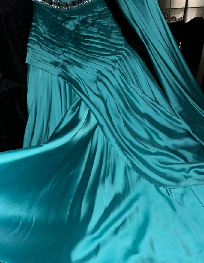 Unique One Shoulder Blue Satin Beaded Mermaid Evening Dress Long Birthday Prom Dress SP1068