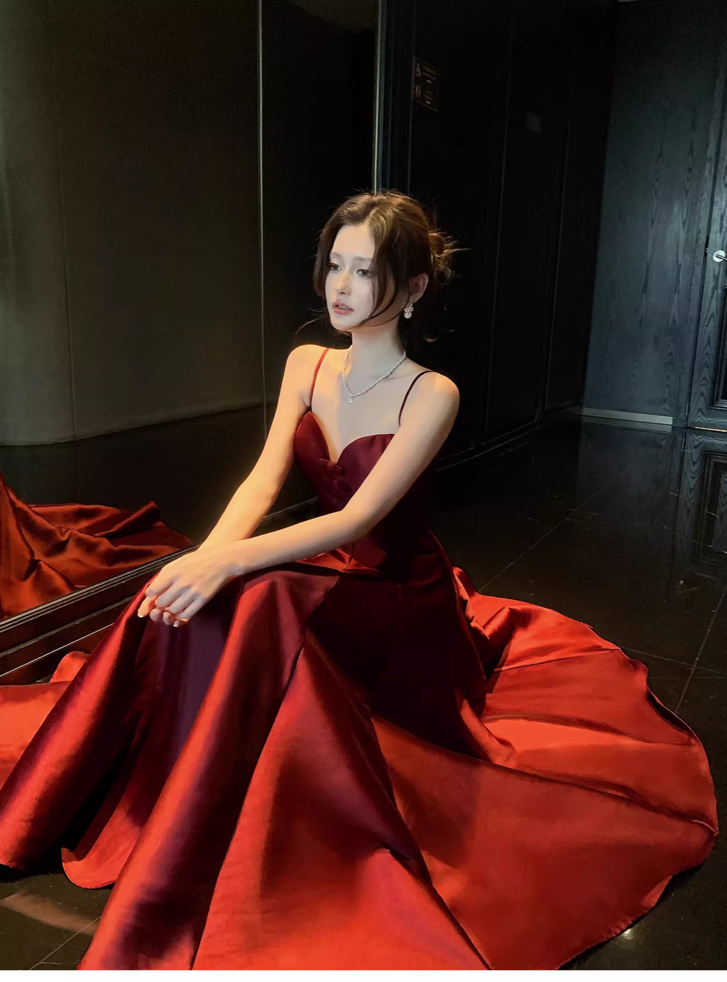 Elegant Burgundy Spaghetti Straps Satin A Line Long Party Dress Formal Wedding Guest Dress SP1493