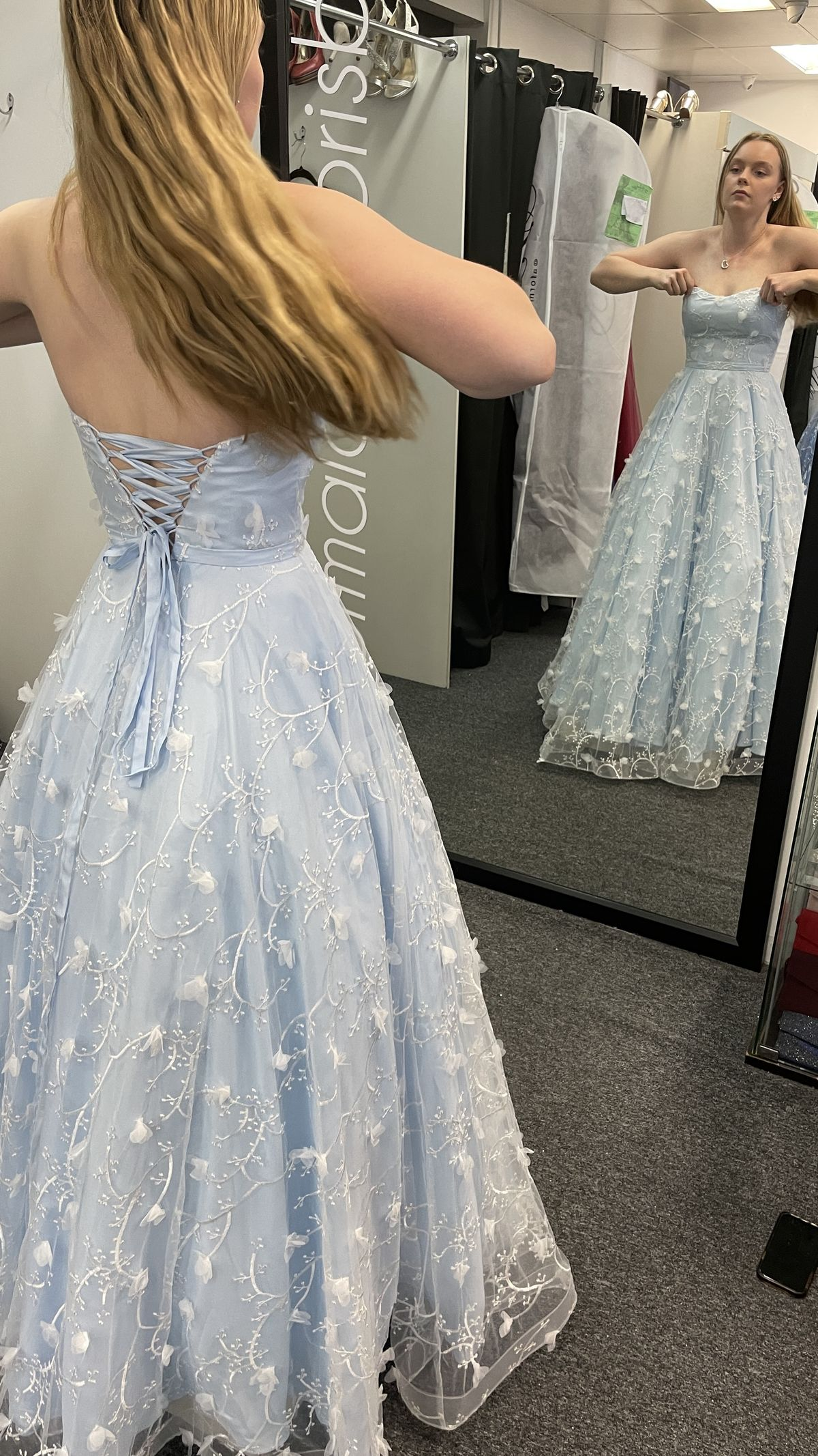 Fairy Strapless Light Blue Tulle A Line Long Wedding Guest Dress,Formal Evening Dress Birthday Prom Dress With Appliques SP1435