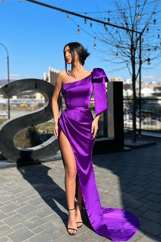 purple one sleeve prom dress One Shoulder Mermaid Purple Lace Layered Prom Dresses, Purple Mermaid jbydress