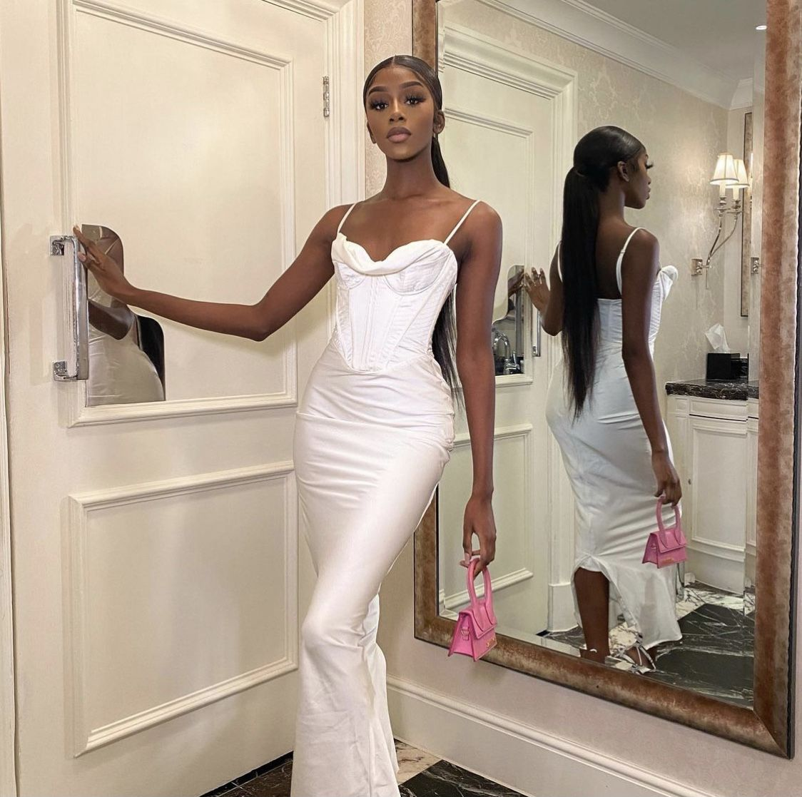 Elegant White Spaghetti Straps Sheath Prom Dress For Black Girls