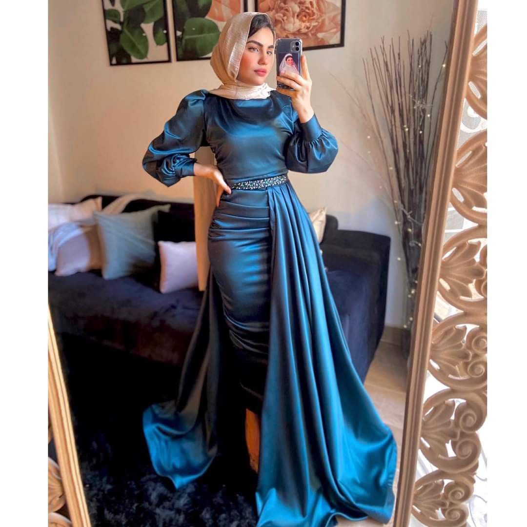 Arabic Evening Dress Muslim High Neck Waist Beaded Long Sleeves Y4937 Simplepromdress Arabic Evening Dress Muslim High Neck Waist Beaded Long Sleeves Y4937 Simplepromdress