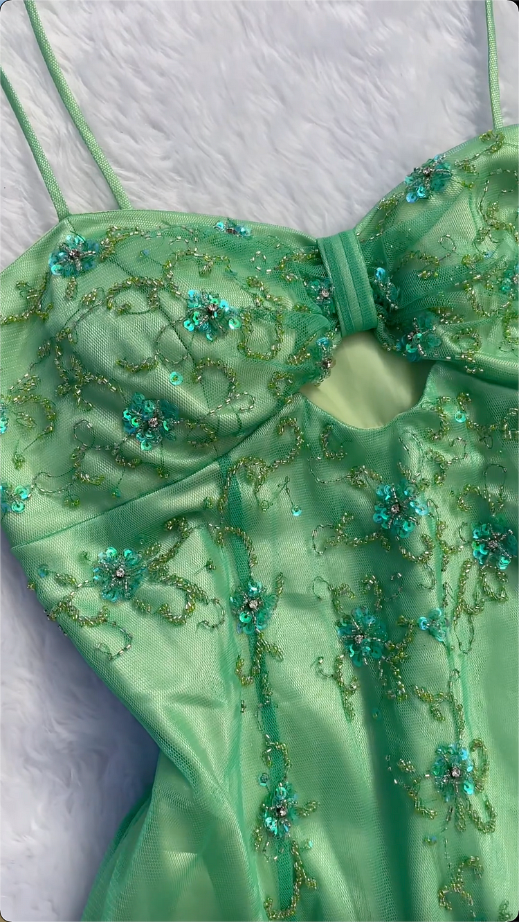 Elegant Green Tulle Beaded Long Prom Evening Dress Y8298