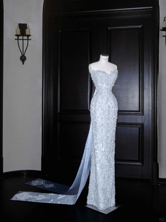 Glamorous Blue Strapless Sequins Beaded sheath Long Prom Dress Evening Dress Y8654