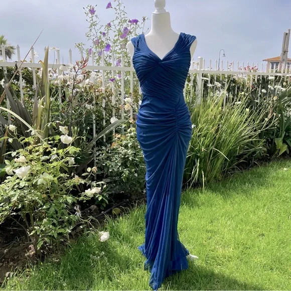 Vintage Mermaid Navy Blue Pleated Floor Length Party Dress Prom Dress Y8760