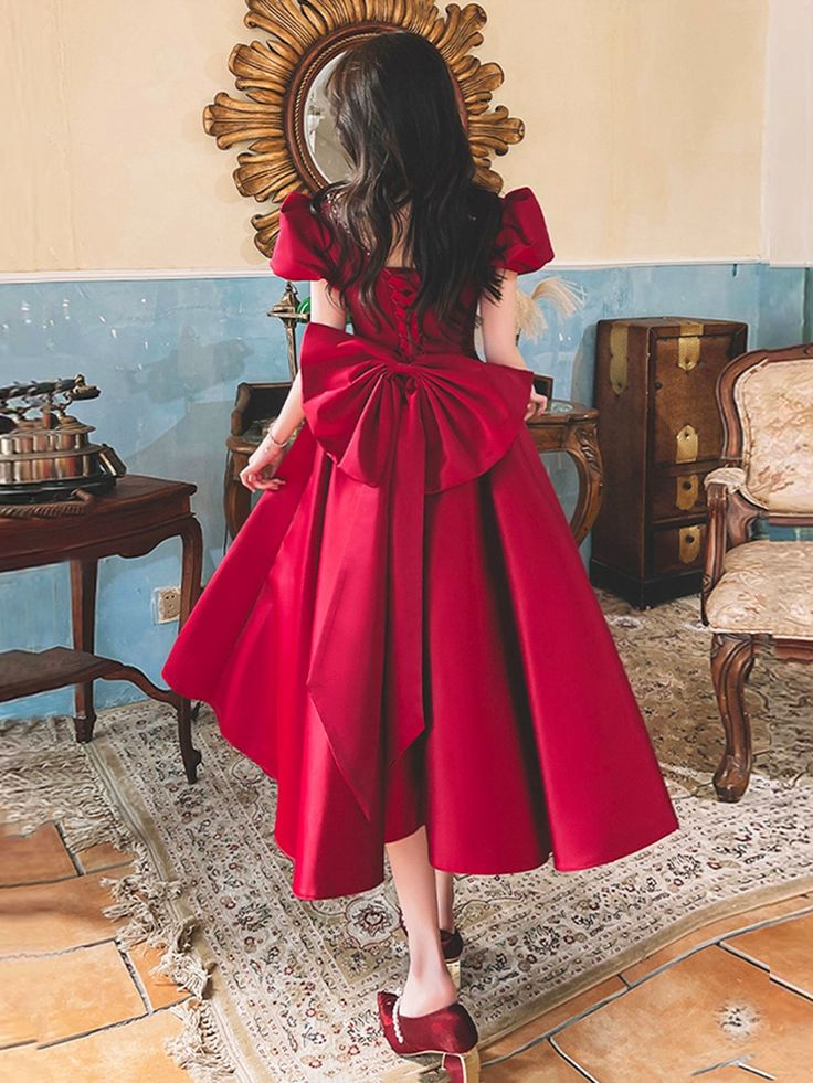 Burgundy Satin Short Prom Dress, Cute A-Line Party Dress with Bow Y5490