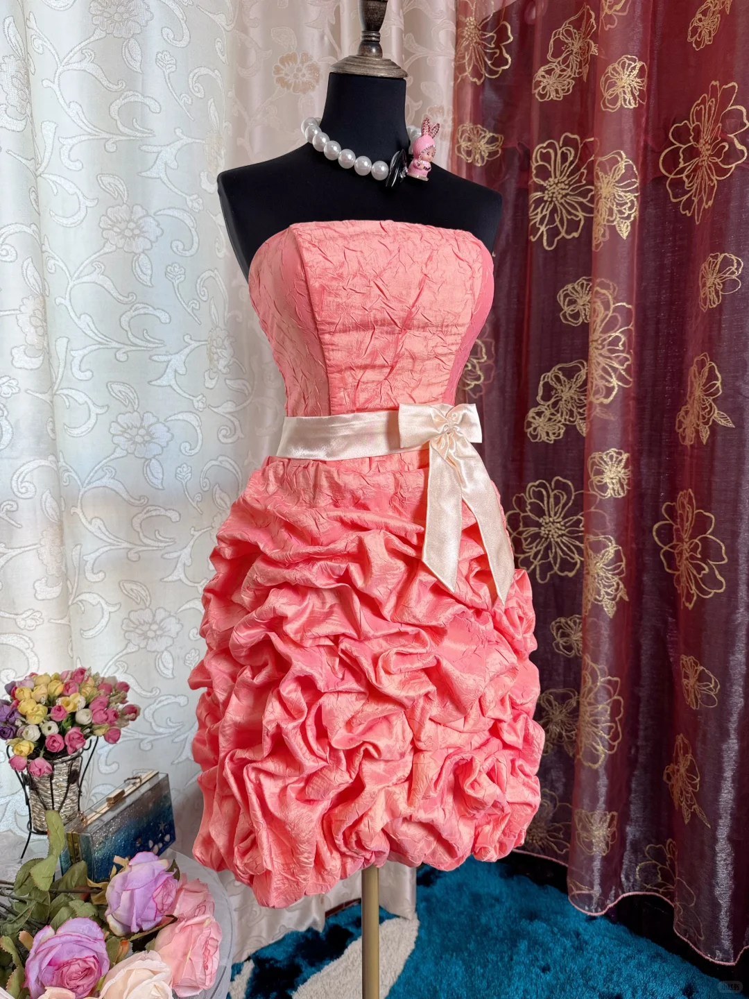 Vintage Strapless Peach Pink Satin Pleated Short Homecoming Dress 20th Birthday Outfits SP84