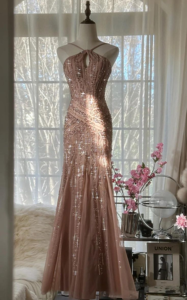 Glitter Blush Pink Spaghetti Straps Mermaid Tulle Sequin Prom Dress Party Dress Y8770